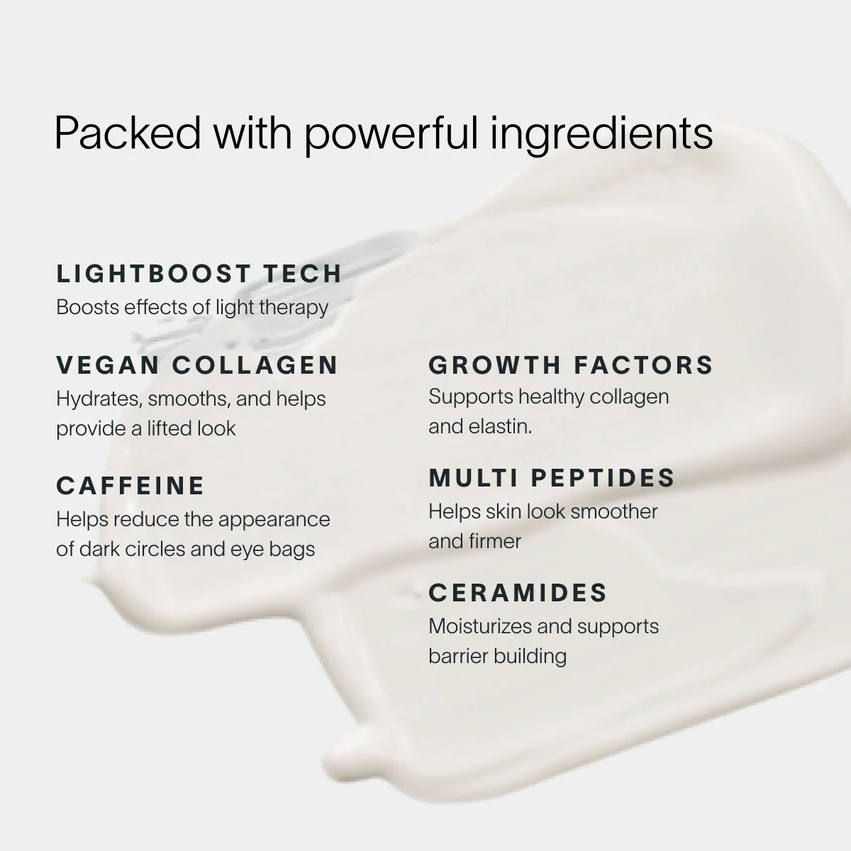 Close-up of LightBoost Eye Cream by Solawave text overlay on creamy texture, featuring Lightboost Tech, Vegan Collagen, Caffeine, Growth Factors, Multi Peptides, and Ceramides for hydration and firming to achieve radiant skin.