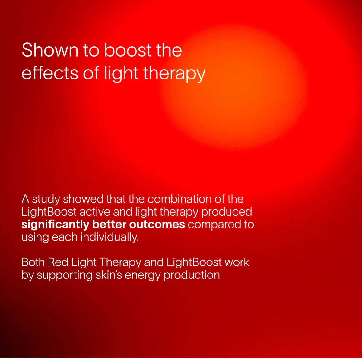 A red background image highlights LightBoost Eye Creams effects. A study showed that Solawaves LightBoost technology, when combined with light therapy and vegan collagen, enhances skin energy production for better outcomes.