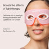 A woman wearing a pink and white LED light therapy mask looks to the side. The text promotes Solawaves LightBoost Eye Cream, enriched with vegan collagen, perfectly paired with Eye Recovery Pro to enhance light therapy effects.