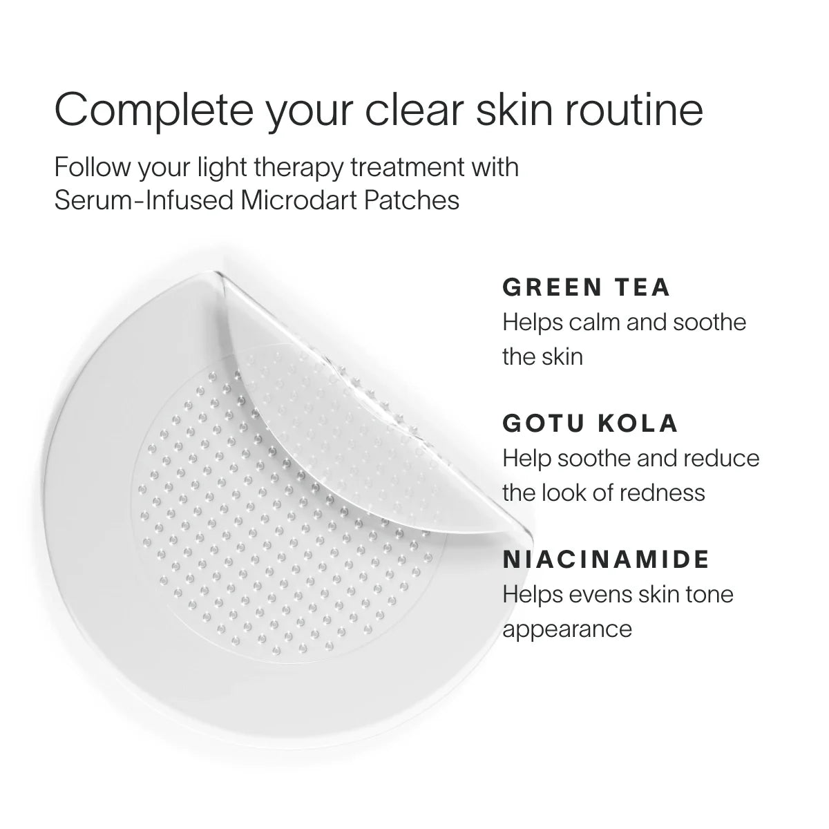 A graphic shows a serum-infused microdart patch with green tea to calm, gotu kola to reduce redness, and niacinamide for even skin tone. Header: Complete your clear skin routine with blemish control. Try the Bye Acne Pro Kit by SolaWave.  || Periwinkle