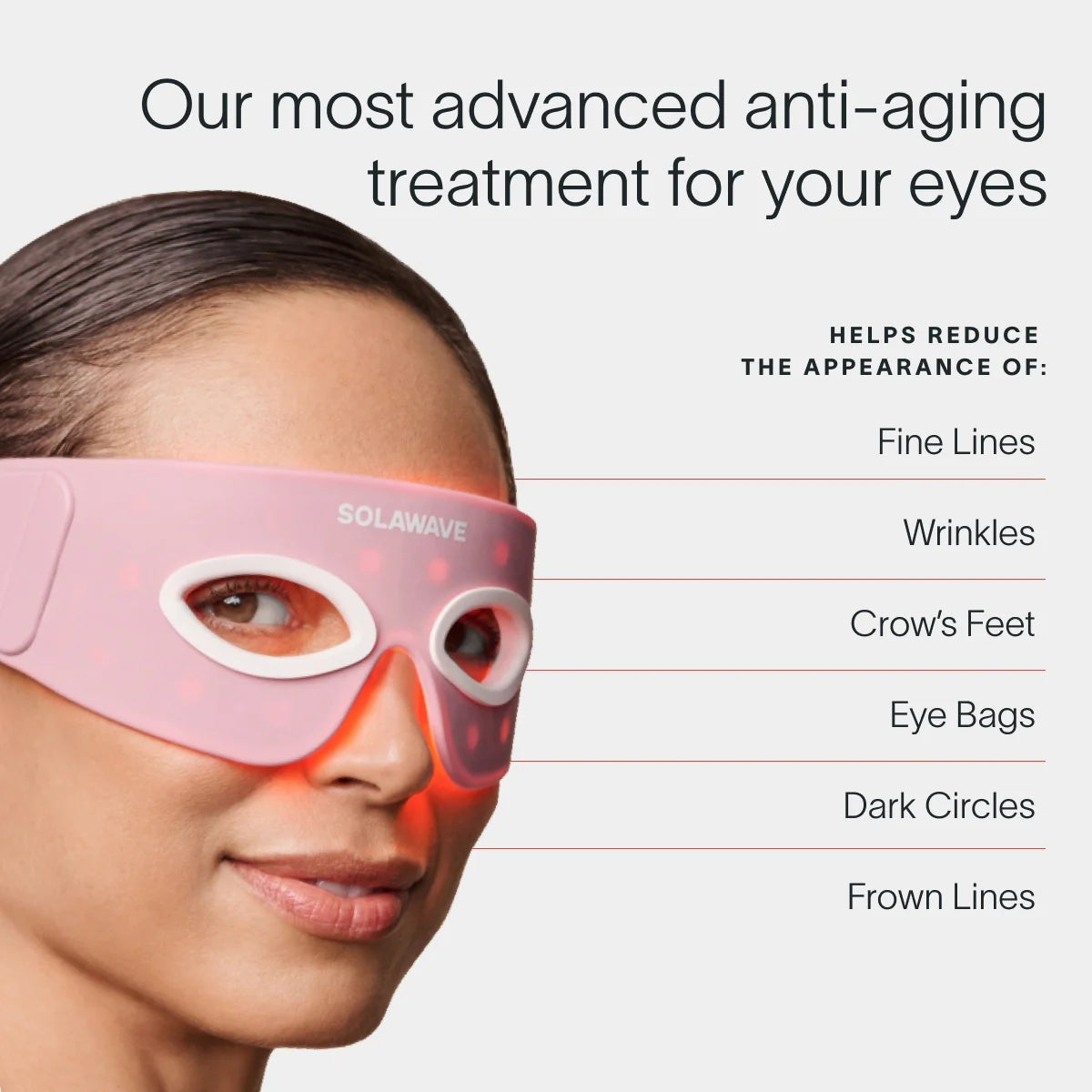 A person uses the Eye Recovery Pro Kit by SolaWave, a pink LED mask with white eye cutouts featuring LightBoost technology. This anti-aging product targets fine lines, wrinkles, crows feet, and dark circles with advanced light therapy for more youthful eyes. 