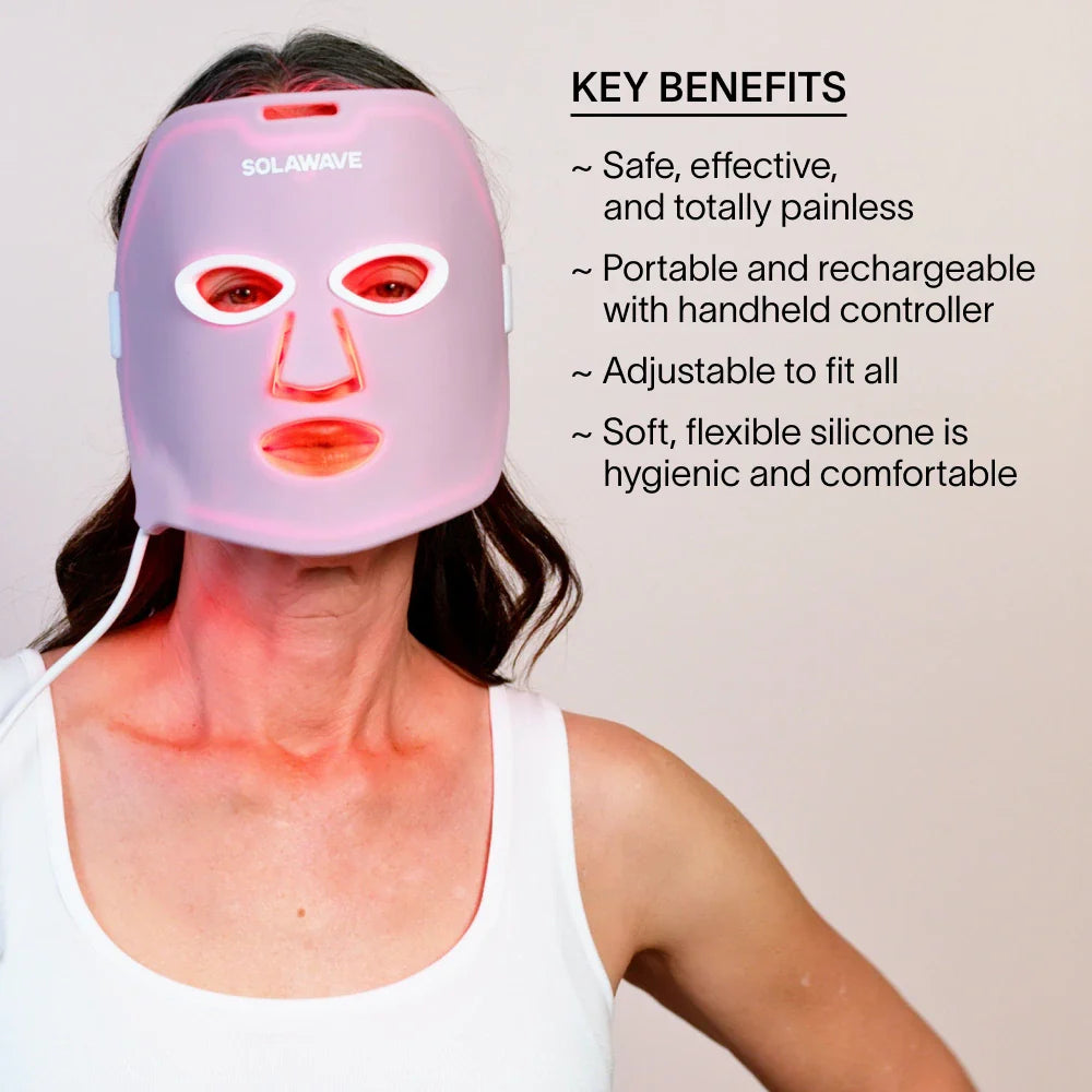 A woman wearing the Solawave red light mask and text on the image explaining the benefits