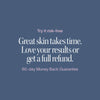 Text on a blue background promoting a 60-day money-back guarantee for skincare. || Gold