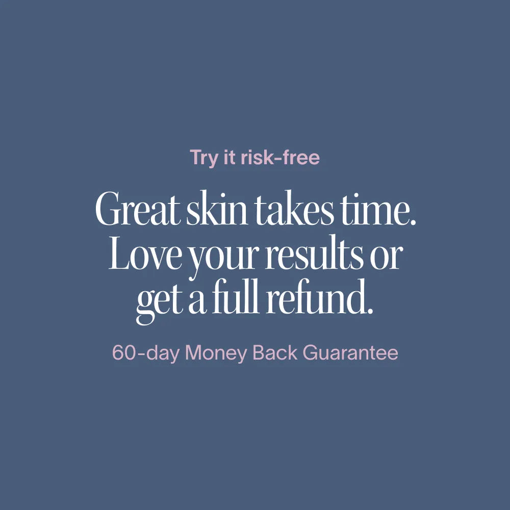 Text on a blue background promoting a 60-day money-back guarantee for skincare. || Gold