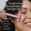 A smiling woman uses the pink Solawave 4-in-1 Red Light Therapy Wand & Activating Serum Kit on her cheek, with text highlighting benefits such as reducing fine lines and wrinkles, boosting collagen, fading dark spots, and hydrating skin. || Rose Gold