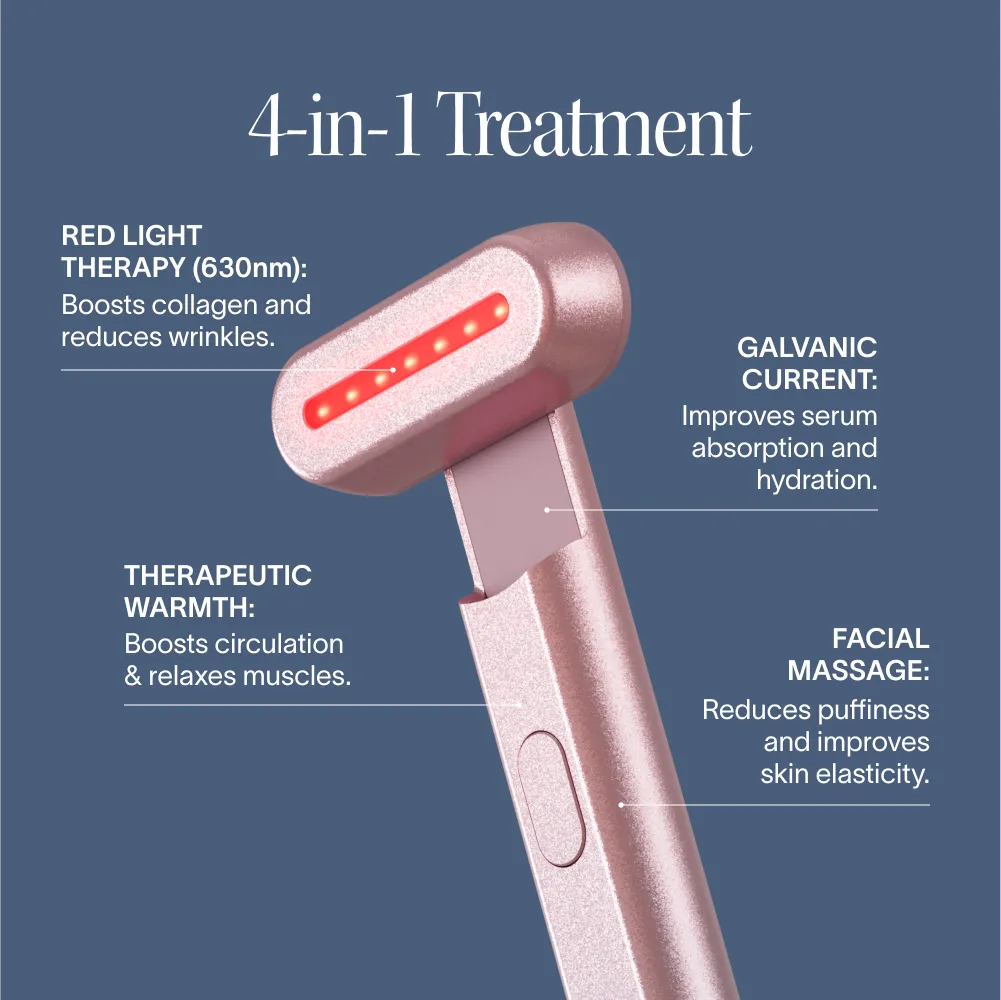 The Solawave 4-in-1 Red Light Therapy Wand & Activating Serum Kit in rose gold uses four red LEDs to target fine lines and dark spots, combining red light therapy, galvanic current, warmth, and facial massage. Blue background. || Rose Gold