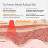 Illustration of skin layers shows how the Solawave 4-in-1 Red Light Therapy Wand & Activating Serum Kit uses red light, warmth, galvanic current, and massage to improve texture, fade dark spots, boost absorption, and enhance circulation in skin. || Rose Gold