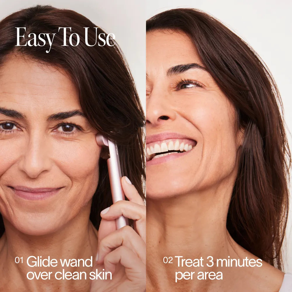 Woman using a skincare device with text on how to use it. || Gold