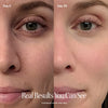 Close-up side-by-side of a womans face on Day 0 vs. Day 30 using the Solawave 4-in-1 Red Light Therapy Wand & Activating Serum Kit. Pores look reduced, skin texture smoother, and complexion improved. Text: Real Results You Can See. Results may vary.|| Rose Gold