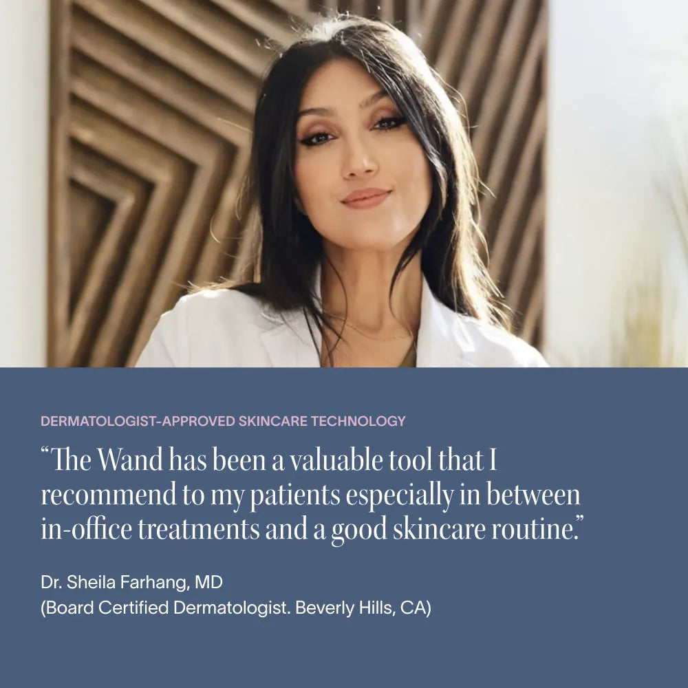 A woman in a white coat smiles at the camera. Below her, text shows a dermatologist recommending the Solawave 4-in-1 Red Light Therapy Wand & Activating Serum Kit for fine lines and dark spots between treatments. Her name and credentials are displayed at the bottom.|| Rose Gold