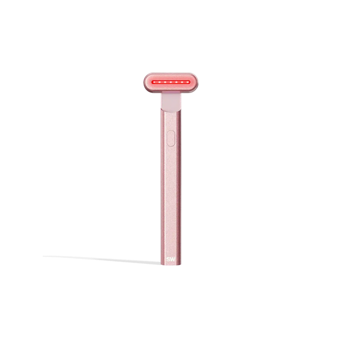 The Solawave 4-in-1 Radiant Renewal Skincare Wand with Red Light Therapy, shown in pink with a rectangular head, is designed to boost radiance and enhance skincare treatments, set against a plain white background.